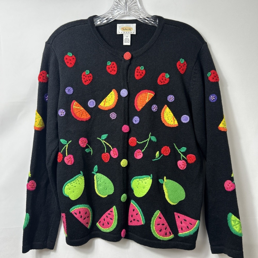 VTG Talbots Collectibles Black Cardigan Sweater Fruit Embroidered Beaded S Fall